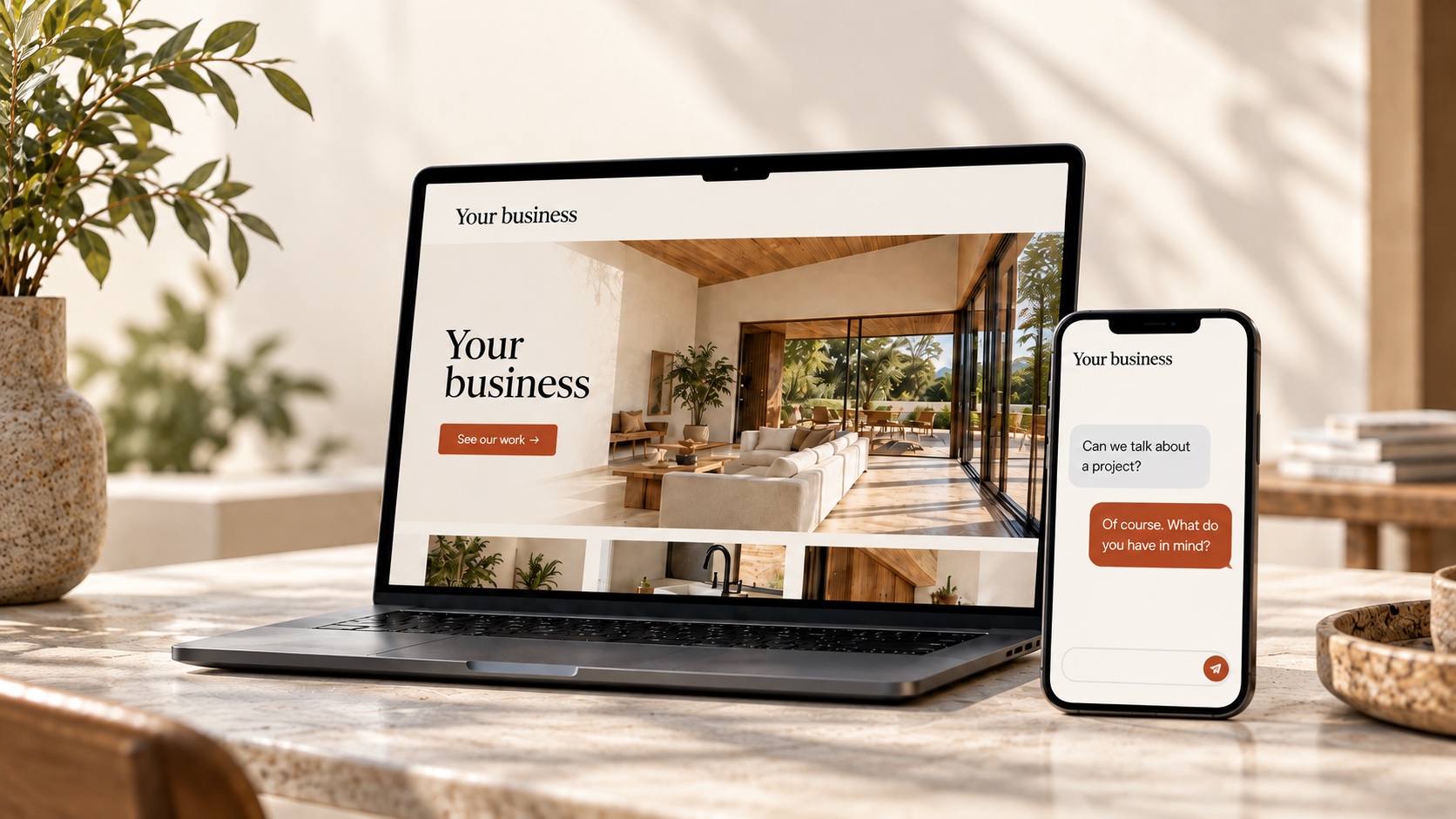 Website concept on a laptop with a connected phone conversation.
