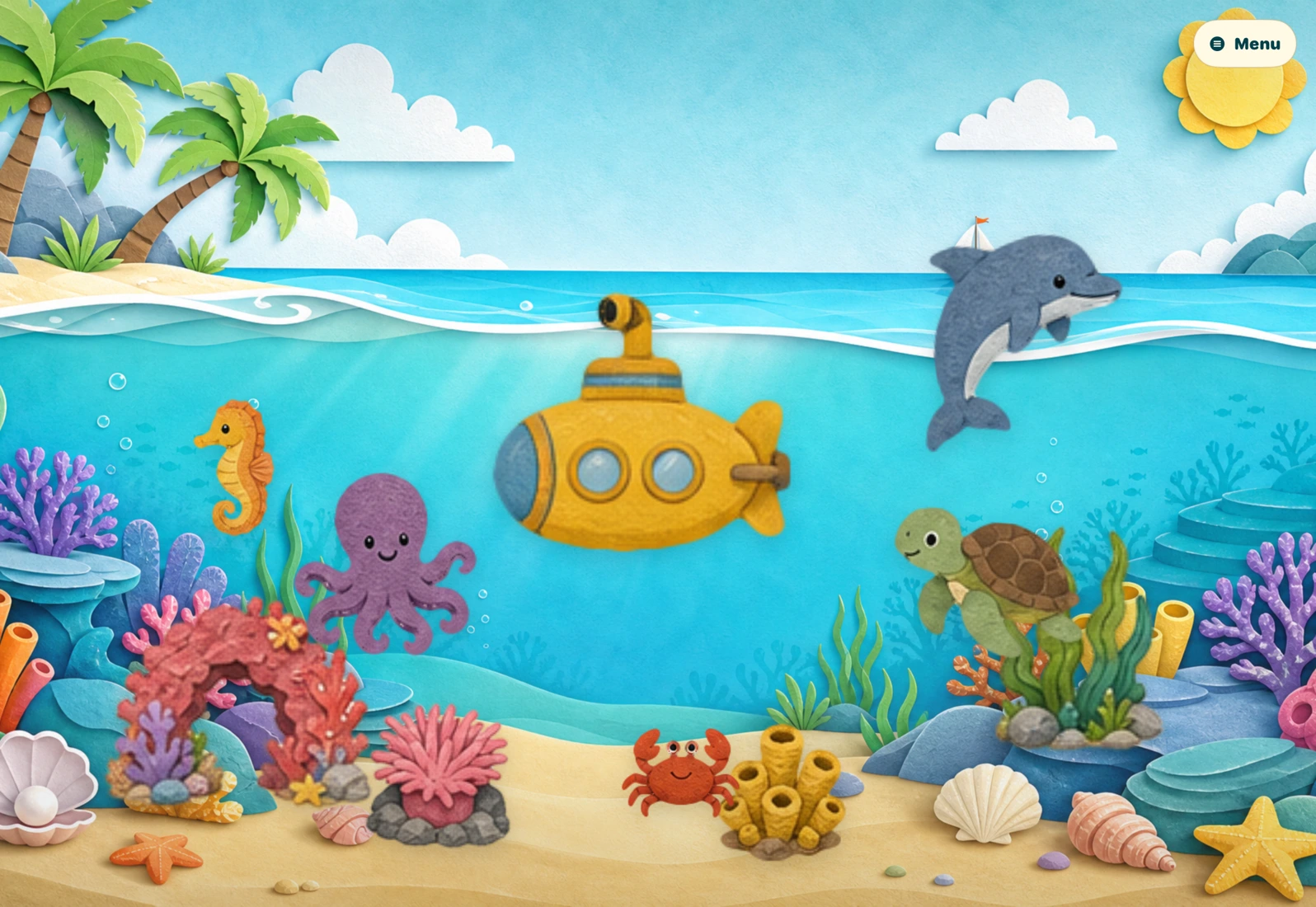A scene made in Lil Sticker Pad: a yellow submarine, dolphin, octopus, and turtle in a colorful paper-textured ocean.
