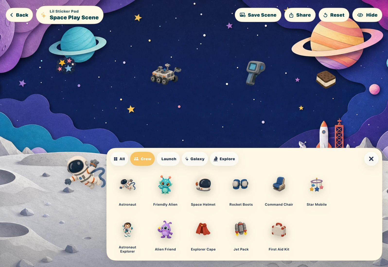 The Space world in Lil Sticker Pad, with planets, a rocket, and a tray of friendly astronaut and alien stickers.
