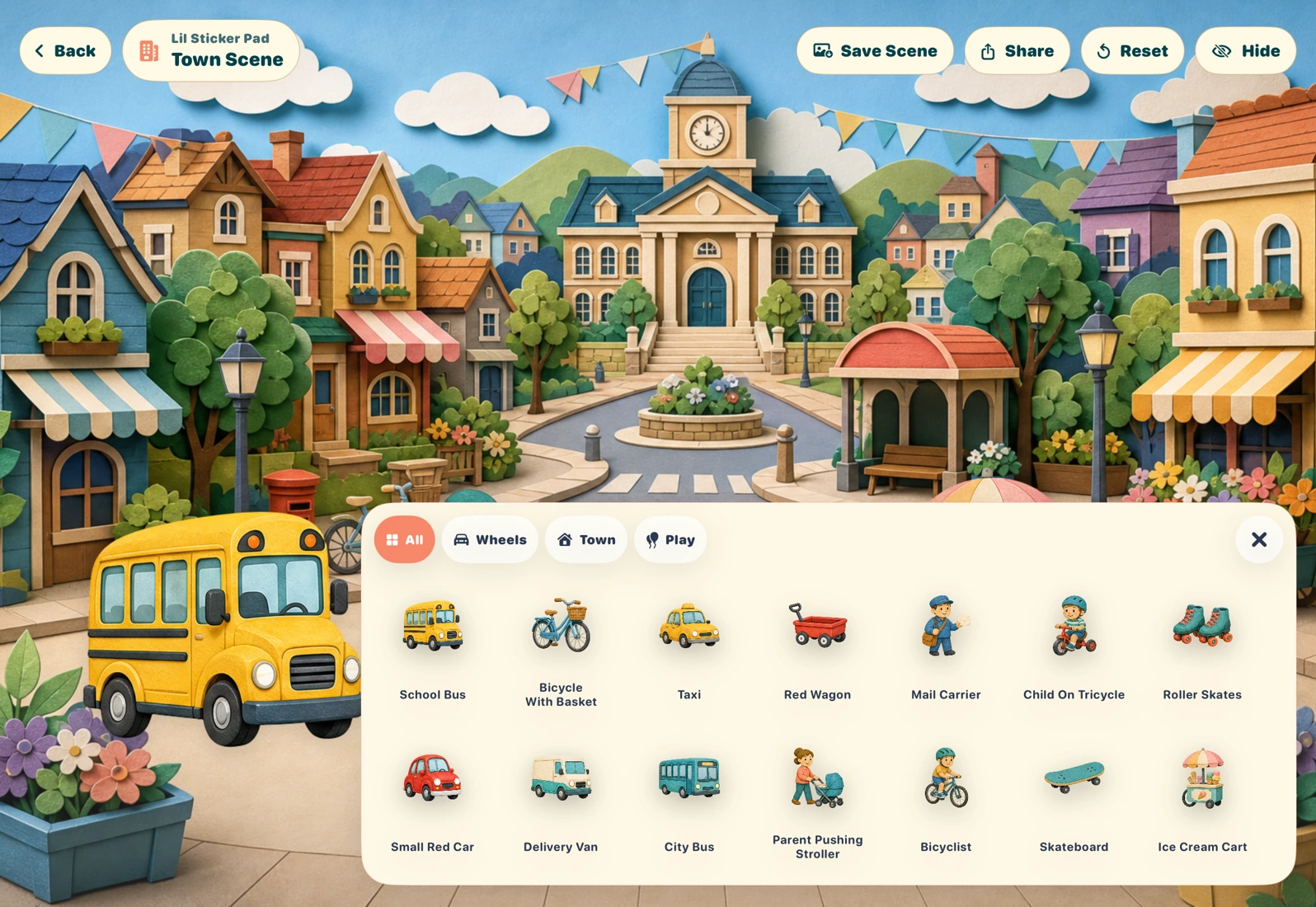 Lil Sticker Pad Town scene with the sticker tray open, showing buses, cars, a bicycle, a mail carrier, and children at play.