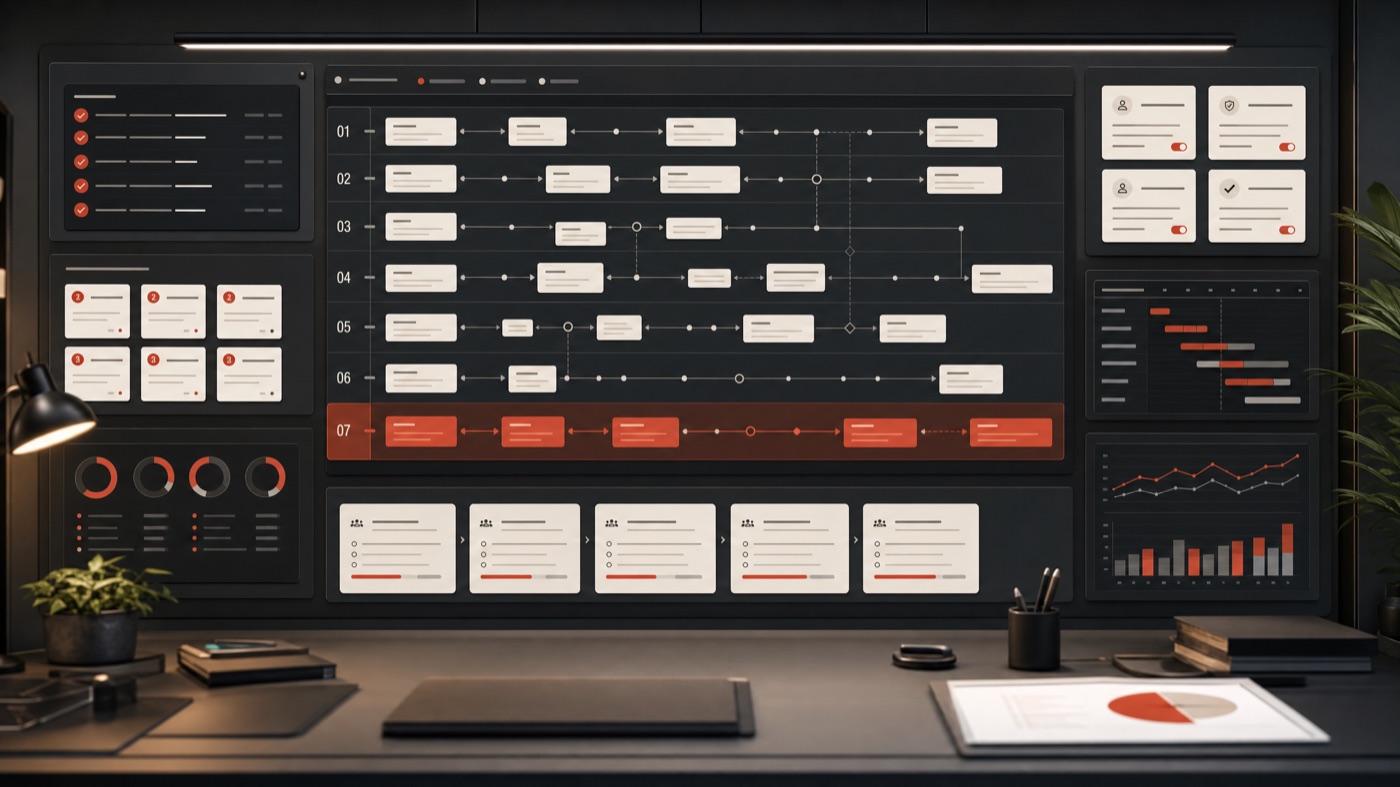 AI change management workflow board with rollout phases, team enablement cards, human review rules, adoption metrics, and implementation timeline.